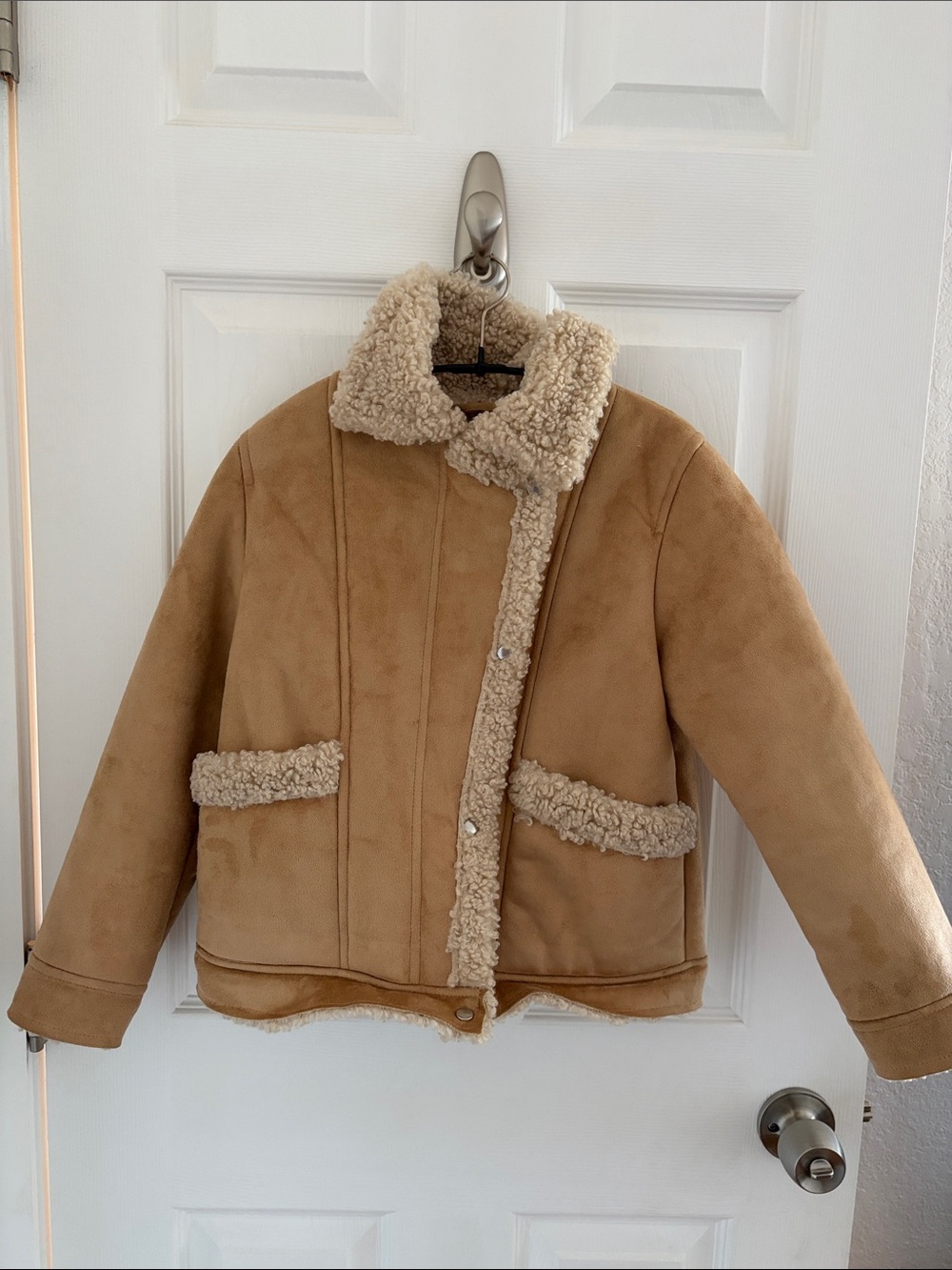 Zara Tan Suede-Look Teddy Jacket with Cream Shearling